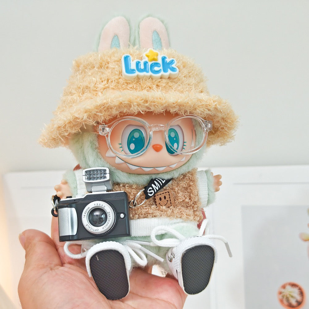 5-Piece Clothes - Clothes for Doll Outfit,Chic Style Set for 17cm Dolls - Clothes + Light Pink Heart-Shaped Velvet hat + Small Camera + Glasses + Canvas Shoes,No Doll (Style A)