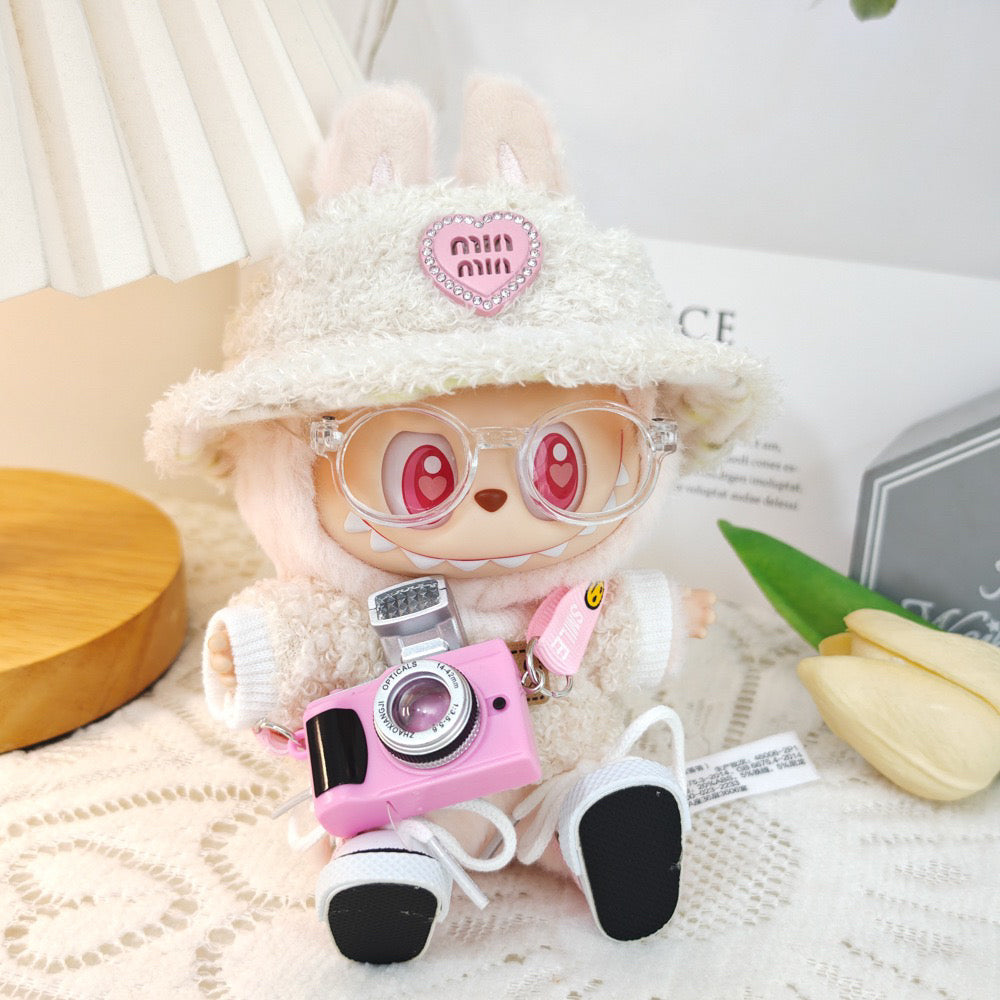 5-Piece Clothes - Clothes for Doll Outfit,Chic Style Set for 17cm Dolls - Clothes + Light Pink Heart-Shaped Velvet hat + Small Camera + Glasses + Canvas Shoes,No Doll (Style A)