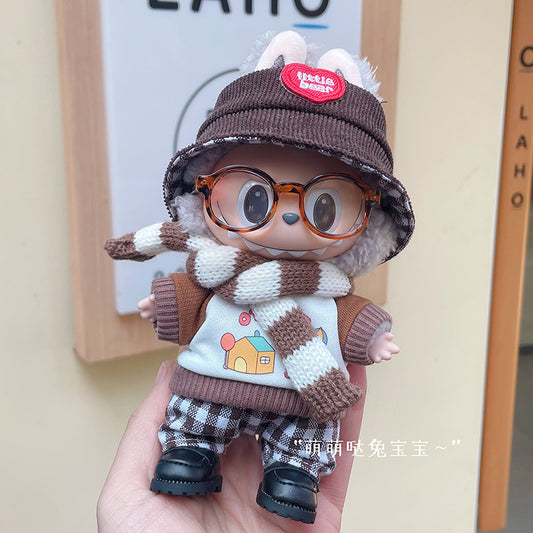 Black Shoes, Amber Glasses, Brown-Toned Scarf And Hat For Labubu ( Without Labubu)