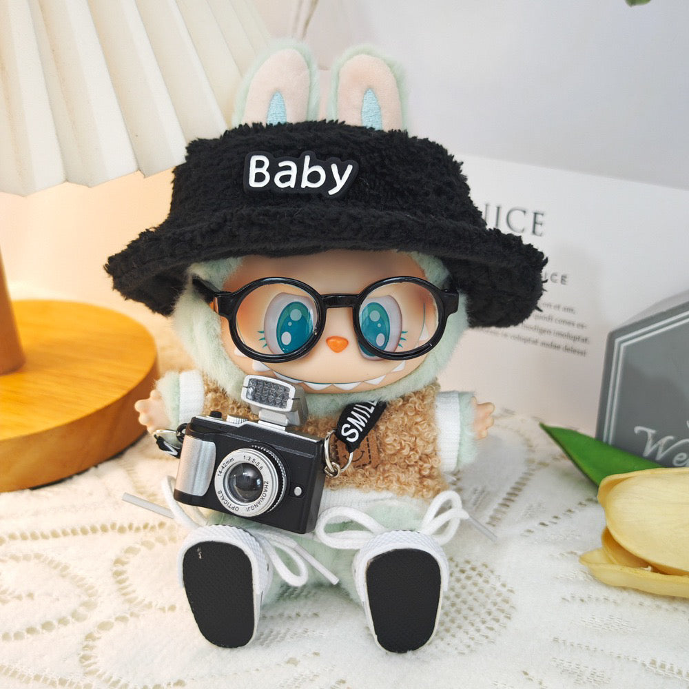 5-Piece Clothes - Clothes for Doll Outfit,Chic Style Set for 17cm Dolls - Clothes + Light Pink Heart-Shaped Velvet hat + Small Camera + Glasses + Canvas Shoes,No Doll (Style A)