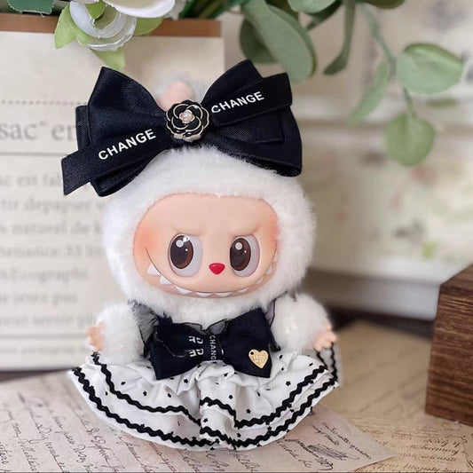 Black polka dot dress + bow For Labubu ( Without Labubu)